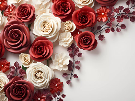 A beautiful spring and summer flowers on a white background. Greetings card for valentines day, mothers day, birthday or wedding with copy spaceの素材