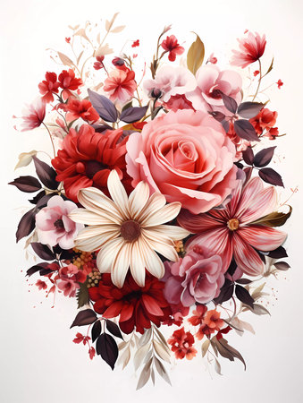 A beautiful spring and summer flowers on a white background. Greetings card for valentines day, mothers day, birthday or wedding with copy spaceの素材