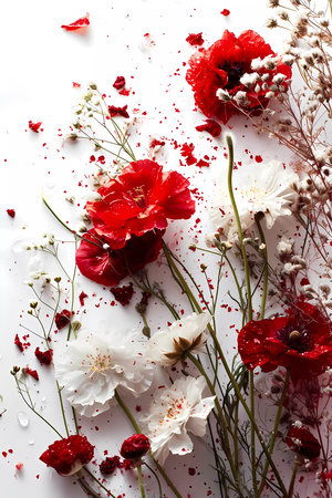 A beautiful spring and summer flowers on a white background. Greetings card for valentines day, mothers day, birthday or wedding with copy spaceの素材