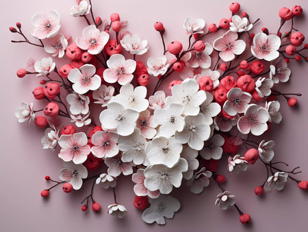 A beautiful heart shape of flowers on a white background. Greetings card for valentines day, mothers day, birthday or wedding with copy spaceの素材