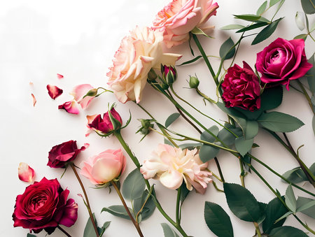 A beautiful spring and summer flowers on a white background. Greetings card for valentines day, mothers day, birthday or wedding with copy spaceの素材