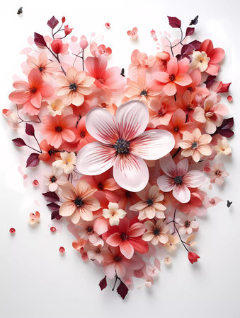 A beautiful heart shape of flowers on a white background. Greetings card for valentines day, mothers day, birthday or wedding with copy spaceの素材