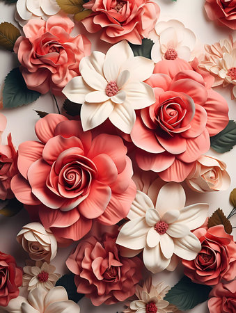 A beautiful spring and summer flowers on a white background. Greetings card for valentines day, mothers day, birthday or wedding with copy spaceの素材