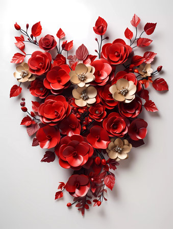 A beautiful heart shape of flowers on a white background. Greetings card for valentines day, mothers day, birthday or wedding with copy spaceの素材