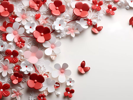 A beautiful spring and summer flowers on a white background. Greetings card for valentines day, mothers day, birthday or wedding with copy spaceの素材