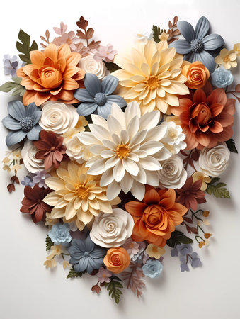 A beautiful heart shape of flowers on a white background. Greetings card for valentines day, mothers day, birthday or wedding with copy spaceの素材