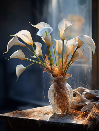 A beautiful flower bouquet on a wooden table with blurred background. Greetings card for valentines day, mothers day, birthday or wedding with copy spaceの素材