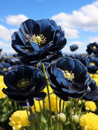 A flower field with black tulips backgroundの素材