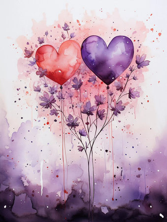 A watercolor greetings card for Valentines day in pink and purple colors. Love concept illustration.の素材