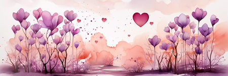 A watercolor greetings card for Valentines day in pink and purple colors. Love concept illustration.の素材