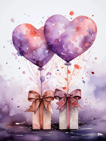 A watercolor greetings card for Valentines day in pink and purple colors. Love concept illustration.の素材
