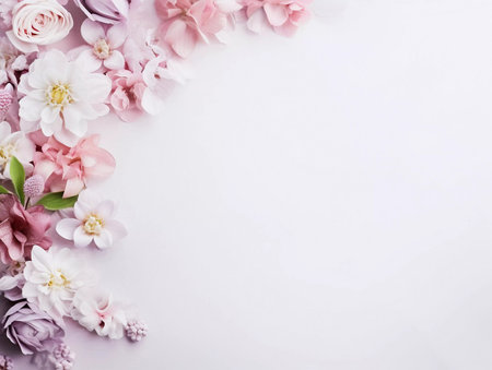 Spring and summer decorations background with beautiful wild flowers. Copy space for text bannerの素材
