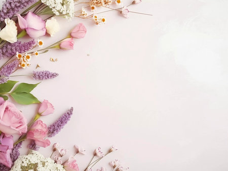 Spring and summer decorations background with beautiful wild flowers. Copy space for text bannerの素材