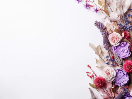Spring and summer decorations background with beautiful wild flowers. Copy space for text bannerの素材