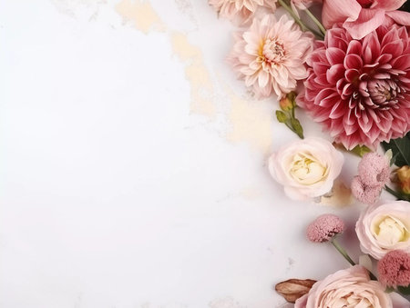 Spring and summer decorations background with beautiful wild flowers. Copy space for text bannerの素材