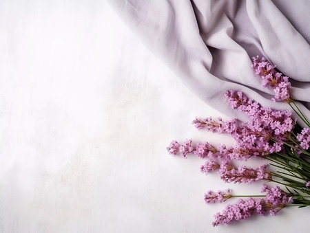 Spring and summer decorations background with beautiful wild flowers. Copy space for text bannerの素材