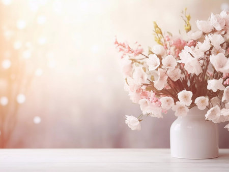 Spring and summer decorations background with beautiful wild flowers. Copy space for text bannerの素材
