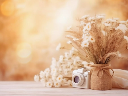 Flowers and retro camera on background. Natural soft lightの素材