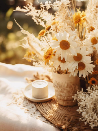 Spring and summer decorations background with beautiful wild flowers. Copy space for text bannerの素材