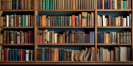 Library stacks of books and bookshelf. Vintage bookcase with many books background.の素材