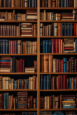 Library stacks of books and bookshelf. Vintage bookcase with many books background.の素材