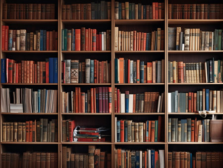 Library stacks of books and bookshelf. Vintage bookcase with many books background.の素材