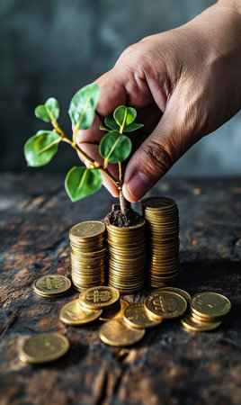Showing financial developments and business growth with a growing tree on a coin. Growing Money - Plant On Coins - Finance And Investment Concept.の素材