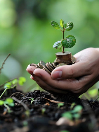 Showing financial developments and business growth with a growing tree on a coin. Growing Money - Plant On Coins - Finance And Investment Concept.の素材