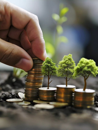Showing financial developments and business growth with a growing tree on a coin. Growing Money - Plant On Coins - Finance And Investment Concept.の素材