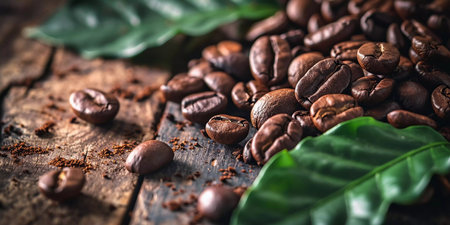 Roasted coffee beans with green leaves on a vintage distressed wooden background, top view with copy space.の素材