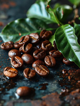 Roasted coffee beans with green leaves on a vintage distressed wooden background, top view with copy space.の素材