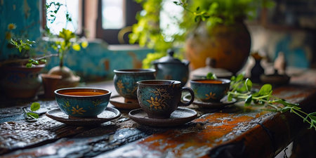 Herbal tea background. Tea cups with various dried tea leaves and flowers shot from above on rustic wooden table. Assortment of dry tea in ceramic bowls.の素材