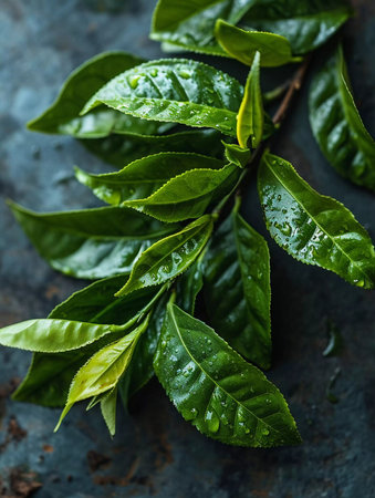 Herbal tea background. Various tea leaves and flowers shot from above on old rustic wooden table.の素材