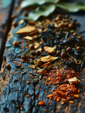 Herbal tea background. Various tea leaves and flowers shot from above on old rustic wooden table.の素材