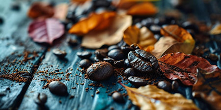 Roasted coffee beans with green leaves on a vintage distressed wooden background, top view with copy space.の素材