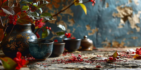 Herbal tea background. Tea cups with various dried tea leaves and flowers shot from above on rustic wooden table. Assortment of dry tea in ceramic bowls.の素材