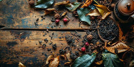 Herbal tea background. Tea cups with various dried tea leaves and flowers shot from above on rustic wooden table. Assortment of dry tea in ceramic bowls.の素材