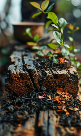 Herbal tea background. Tea cups with various dried tea leaves and flowers shot from above on rustic wooden table. Assortment of dry tea in ceramic bowls.の素材