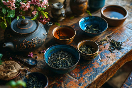 Herbal tea background. Tea cups with various dried tea leaves and flowers shot from above on rustic wooden table. Assortment of dry tea in ceramic bowls.の素材