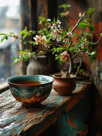 Herbal tea background. Tea cups with various dried tea leaves and flowers shot from above on rustic wooden table. Assortment of dry tea in ceramic bowls.の素材