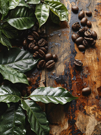 Roasted coffee beans with green leaves on a vintage distressed wooden background, top view with copy space.の素材