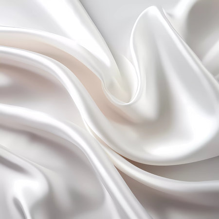 Beautiful smooth elegant wavy white satin silk luxury cloth fabric texture, abstract background design. Copy space. Card or banner.の素材