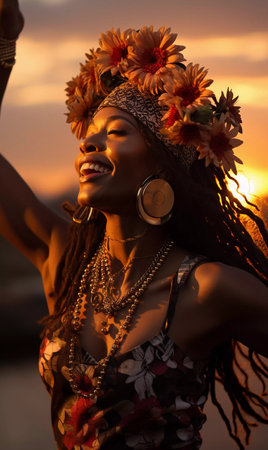 A beautiful African girl with flowers in her hair dancing at the beach party at sunsetの素材