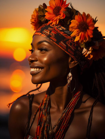 A beautiful African girl with flowers in her hair dancing at the beach party at sunsetの素材