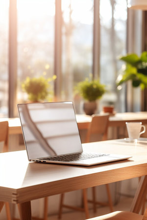 Photo of computer laptop putting on the modern working table with blurred comfortable office as background. Void screen for advertise conceptの素材