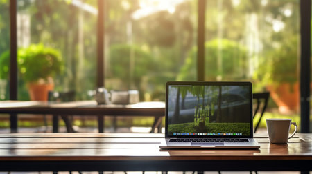 Photo of computer laptop putting on the modern working table with blurred comfortable office as background. Void screen for advertise conceptの素材