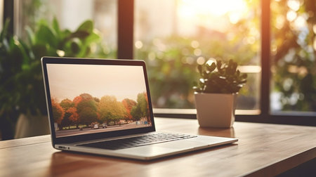 Photo of computer laptop putting on the modern working table with blurred comfortable office as background. Void screen for advertise conceptの素材
