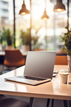 Photo of computer laptop putting on the modern working table with blurred comfortable office as background. Void screen for advertise conceptの素材