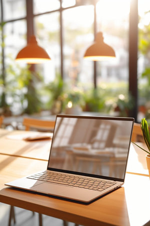 Photo of computer laptop putting on the modern working table with blurred comfortable office as background. Void screen for advertise conceptの素材