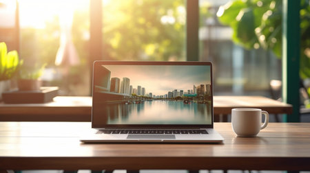 Photo of computer laptop putting on the modern working table with blurred comfortable office as background. Void screen for advertise conceptの素材